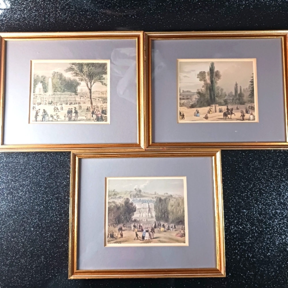 1840's Paris-Versailles Landscape Prints in Gold Wood Frames.